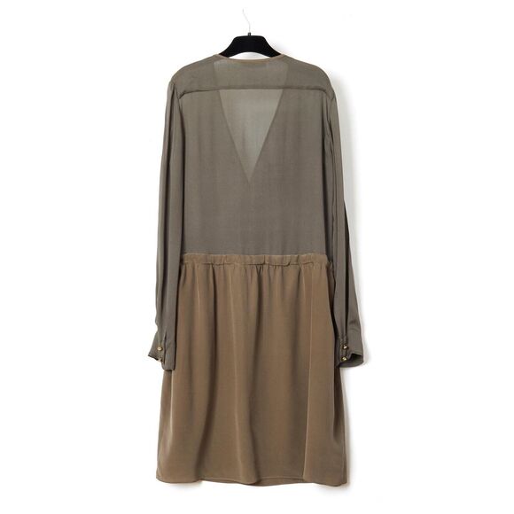 Chloe Sheer Olive Green 100% Silk V-neck Drop Waist Dress Gold Buttons FR40/US 8 - Picture 5 of 16